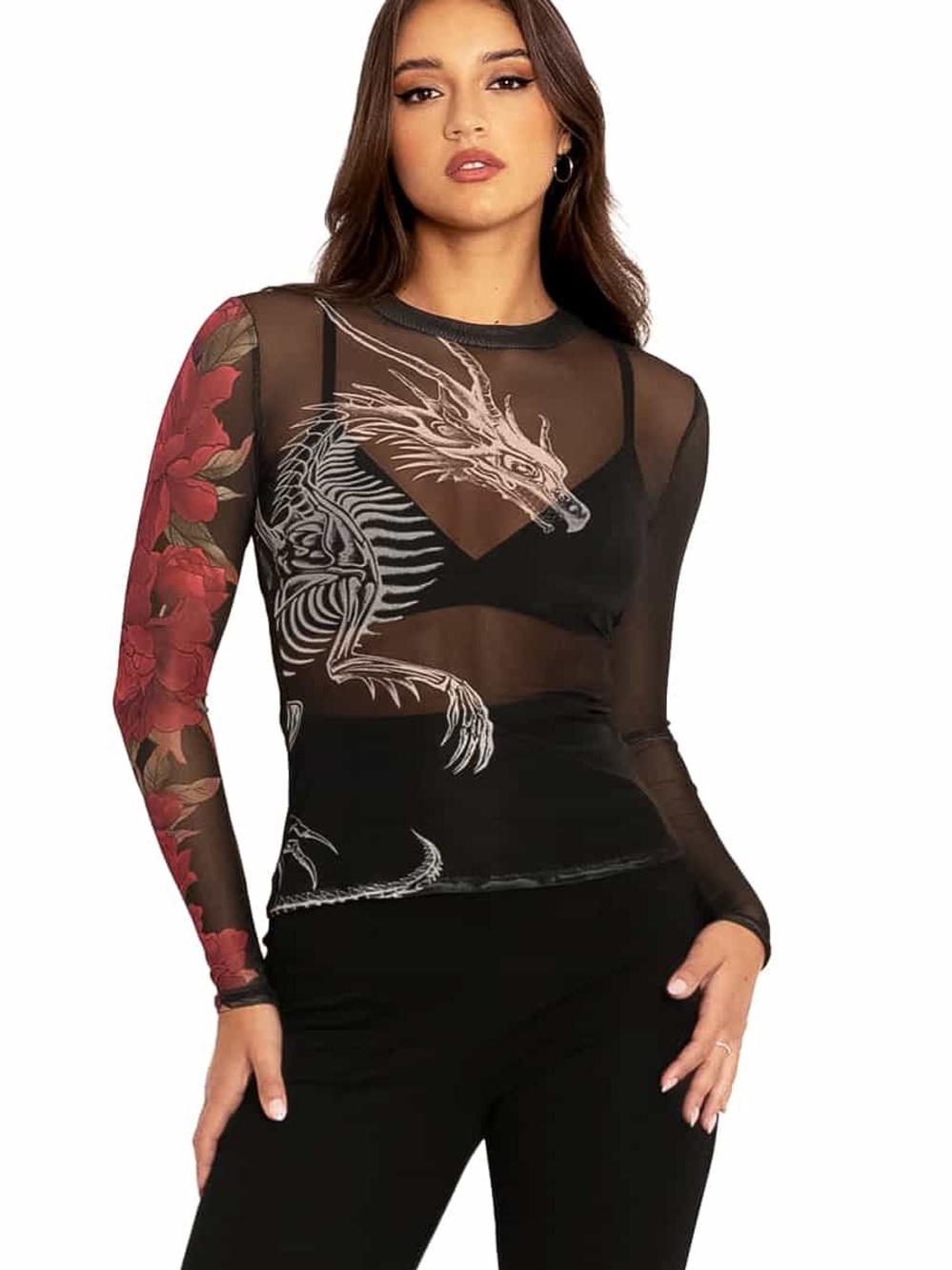 BlackMilk Skeletal Dragon Sheer High Neck Long Sleeve Top